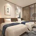 Hotel Guest Room with Twin Beds Chinese Landscape Painting Calligraphy Wooden Cabinets Glass Bathroom Serene Interior