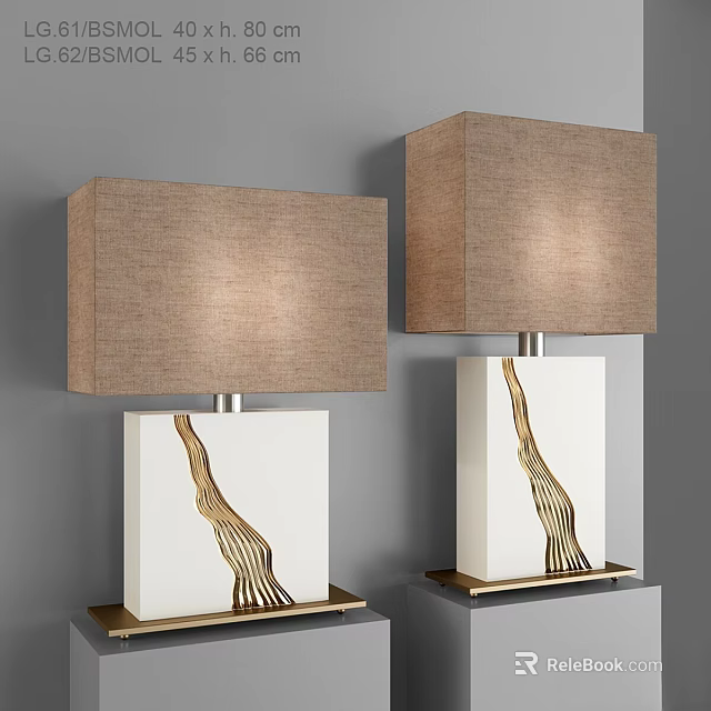 Stylish Table Lamps Featuring White Base Golden Curved Design And Light Brown Fabric Square Shades 3d model 