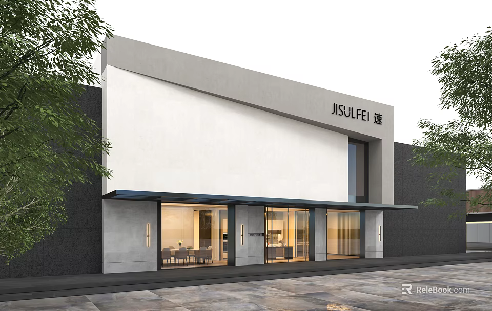 Modern Commercial Storefront Design With White Wall Glass Doors And JSJLFU Brand Signage 3d model 