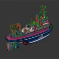 Detailed Wooden Boat Model With Red Blue Hull White Sections And Crane Lifebuoy
