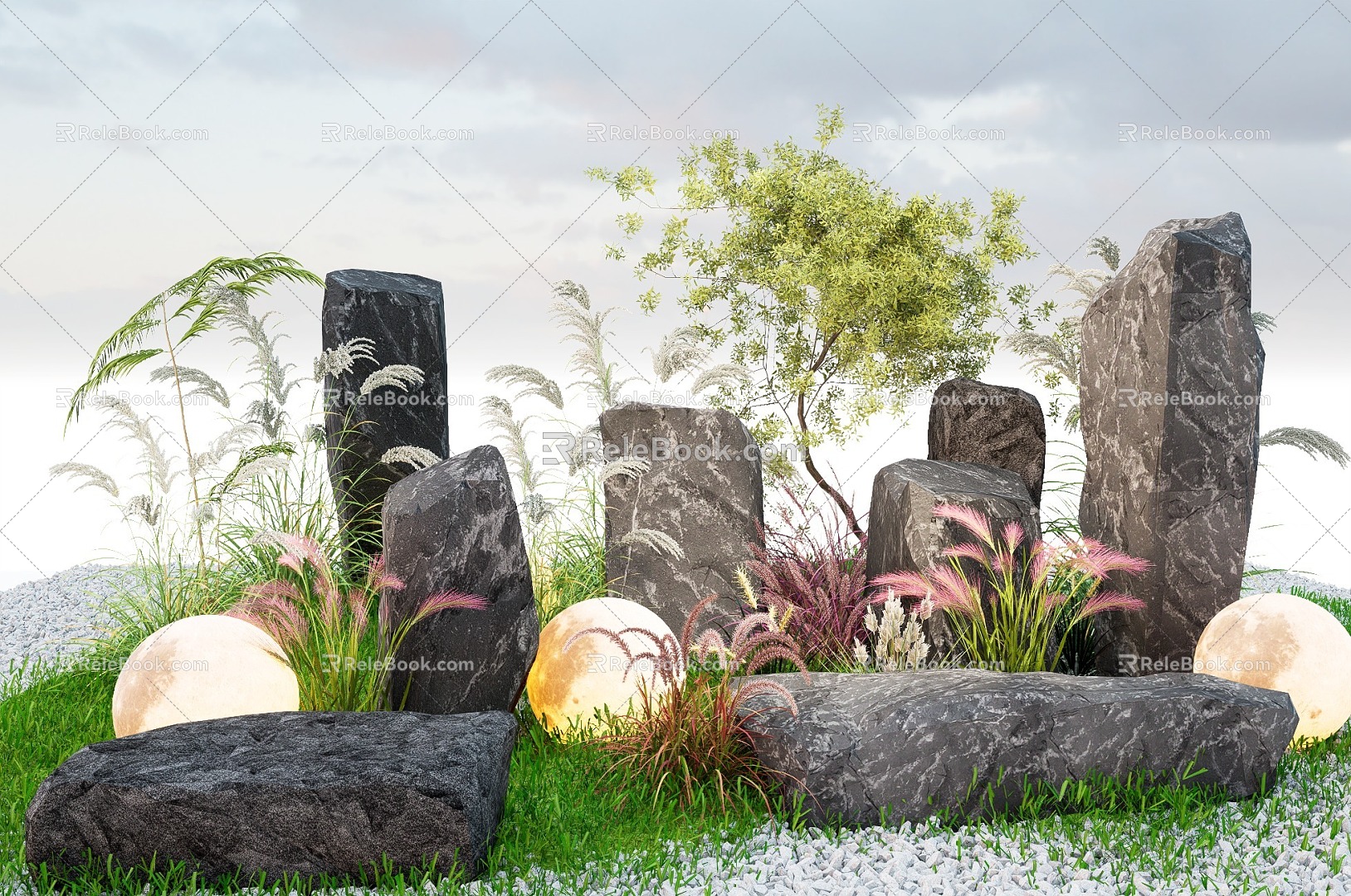 Modern Landscape Stone Headline Stone Stone Scene Stone Pennisetum Fine Mans Reed Flowers 3d model