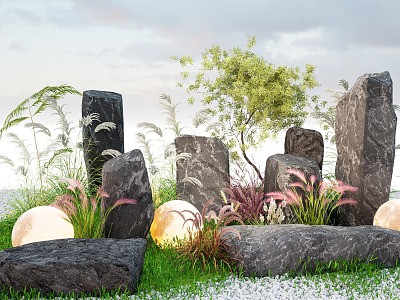 Modern Landscape Stone Headline Stone Scene Stone Pennisetum Fine Mans Reed Flowers 3d model