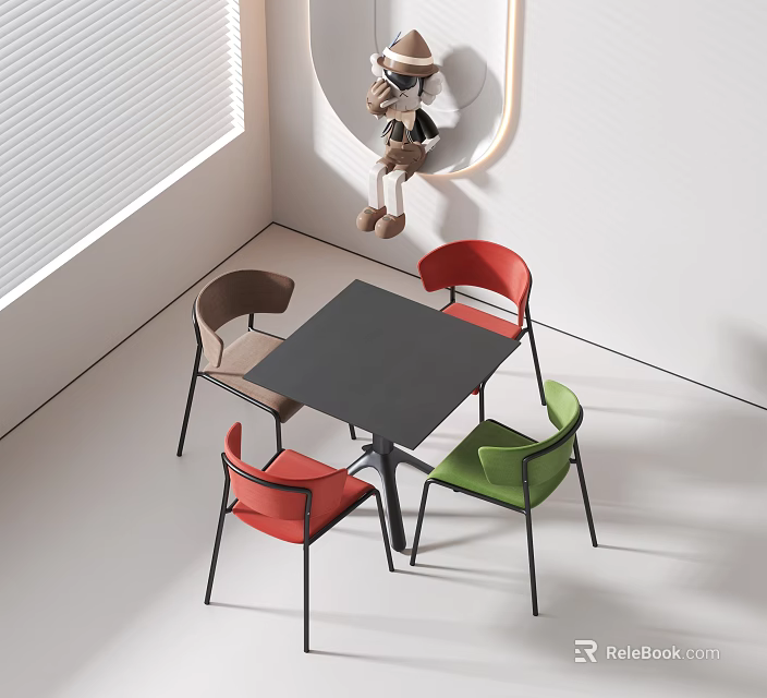 Modern Dining Table Set With Red Green Brown Chairs And Black Square Top 3d model