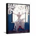 Figurative Painting of Woman in Light Dress with Arms Outstretched and White Doves on Windowsill