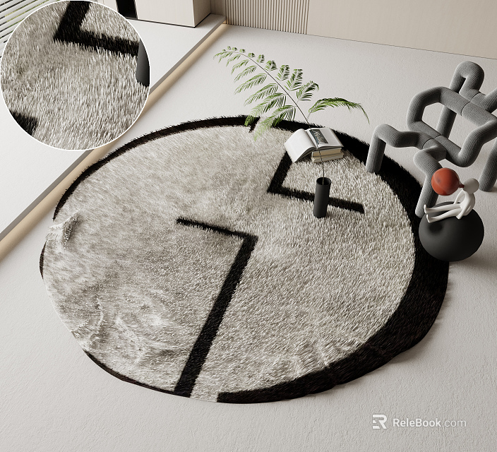 Round Gray Geometric Pattern Rug with Green Fern Plant and Decorative Accents in Modern Interior 3d model 