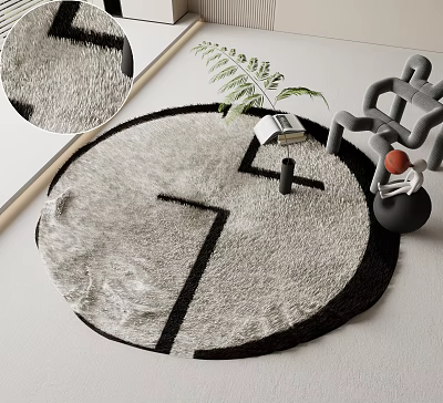 Round Gray Geometric Pattern Rug with Green Fern Plant and Decorative Accents in Modern Interior 3d model
