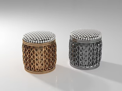 Two Woven Stools With Black And White Checkered Tops Golden Brown Gray Intricate Patterned Bodies 3d model