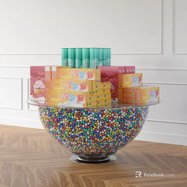 Vibrant Display of colorful candy beads in large bowl with green red yellow packaged snacks 3d model 