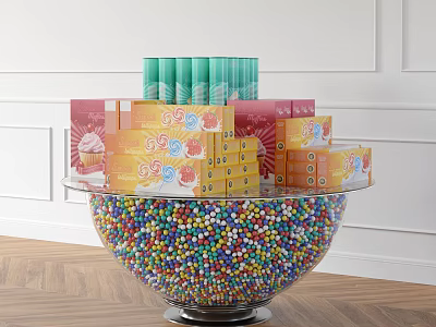 Vibrant Display of colorful candy beads in large bowl with green red yellow packaged snacks 3d model