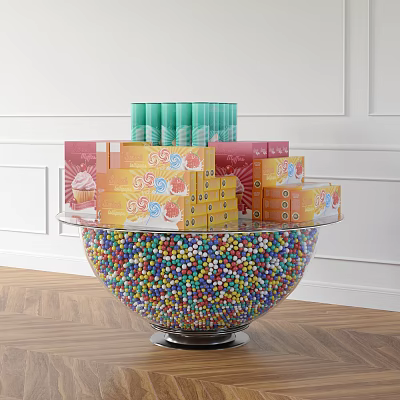 Vibrant Display of colorful candy beads in large bowl with green red yellow packaged snacks 3d model