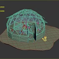 Glass Dome Greenhouse Structure With Wooden Frame Glass Panels And Small Yellow Object