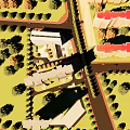 Modern Hospital Building Exterior with Red Cross Sign Surrounded by Green Trees and Road