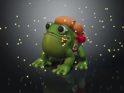 Green Toy Frog With Brown Backpack And Yellow Glowing Lights On Dark Background 3d model
