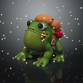 Green Toy Frog With Brown Backpack And Yellow Glowing Lights On Dark Background