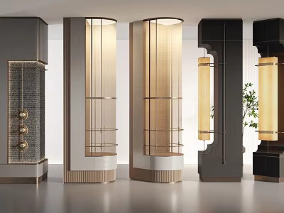 Modern Exhibition Hall Sculptural Columns Featuring Glass Metal And Warm Lighting 3d model
