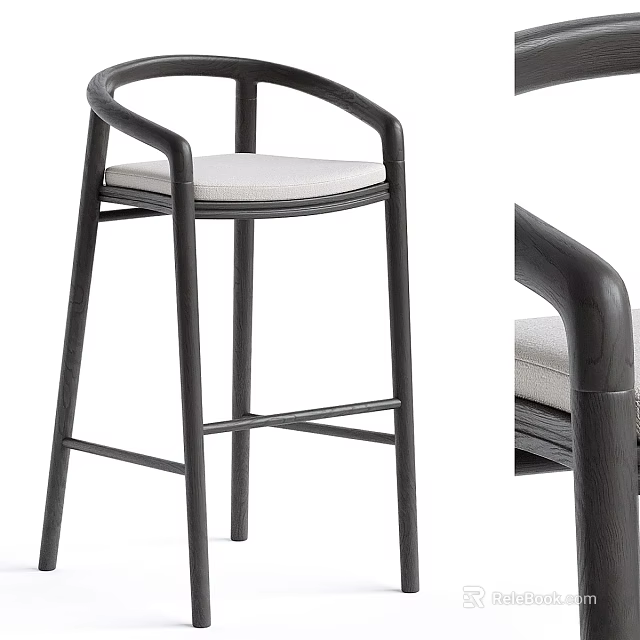 Modern Minimalist Bar Stool With Black Frame White Cushion And Curved Armrest 3d model 
