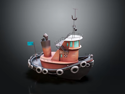 Cartoon Style Boat With Red Hull Chimney Staircase Small Cabin And Lifebuoys 3d model