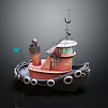 Cartoon Style Boat With Red Hull Chimney Staircase Small Cabin And Lifebuoys