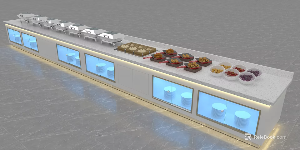 Modern Buffet Table With Chafing Dishes Food Displays And Glass Refrigerated Compartments 3d model 