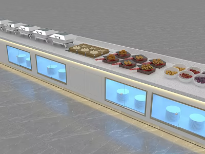 Modern Buffet Table With Chafing Dishes Food Displays And Glass Refrigerated Compartments 3d model