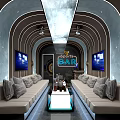 Modern KTV Interior With Comfortable Sofas Multiple TV Screens And Ambient Lighting