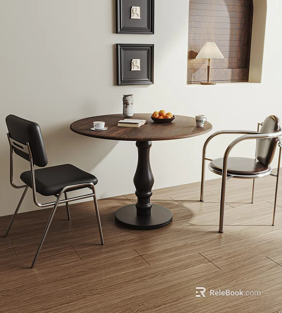 Stylish Round Dining Table Set With Wooden Tabletop Black Legs And Two Chairs 3d model 