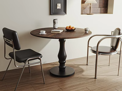 Stylish Round Dining Table Set With Wooden Tabletop Black Legs And Two Chairs 3d model