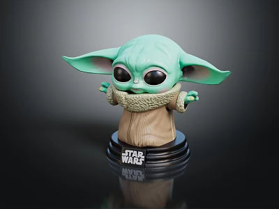 Star Wars Baby Yoda Large Ears Figurine With Green Skin Brown Robe And Base 3d model