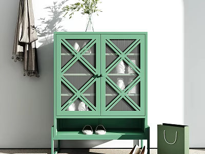 Green Shoe Cabinet With Diamond Grid Doors And Bench Top For Shoe Storage 3d model
