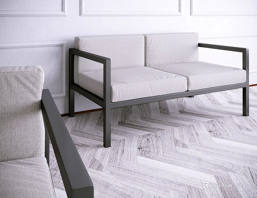 Modern Two Seater Sofa Interior With Light Gray Fabric Black Metal Frame And Herringbone Floor 3d model 