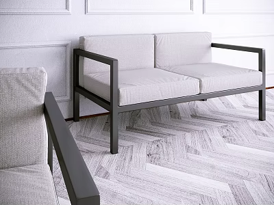 Modern Two Seater Sofa Interior With Light Gray Fabric Black Metal Frame And Herringbone Floor 3d model