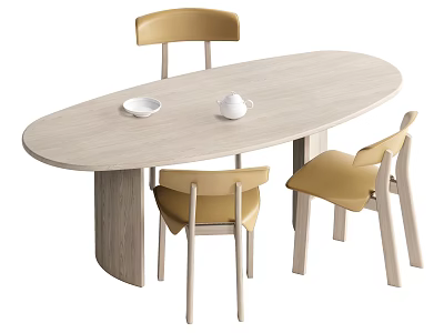 Modern Light Wood Oval Dining Table Set With Yellow Chairs And White Bowl Teapot 3d model