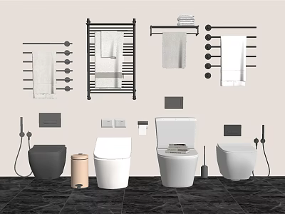 Modern Bathroom Set with Toilets Towel Racks Trash Bins and Accessories 3d model