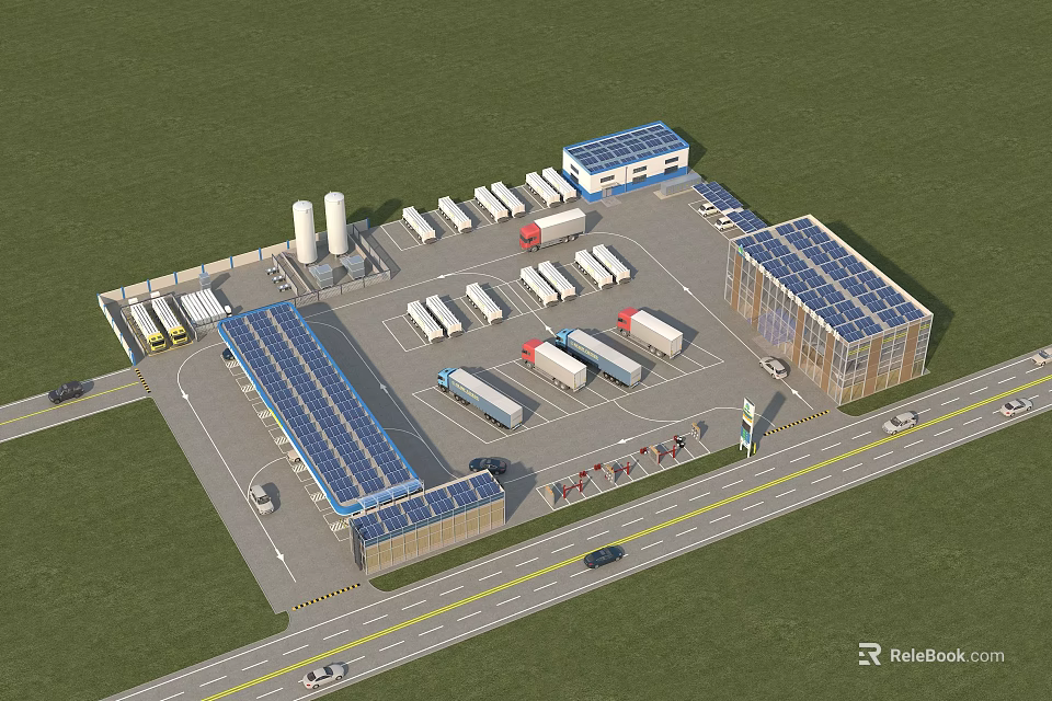 Gas Station With Solar Panel Roofs Fuel Storage Tanks And Vehicle Parking Area 3d model 