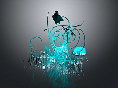 Black Crow Perched on Blue Glowing Vine Structure with Luminous Elements and Reflective Ground 3d model