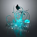Black Crow Perched on Blue Glowing Vine Structure with Luminous Elements and Reflective Ground 3d model