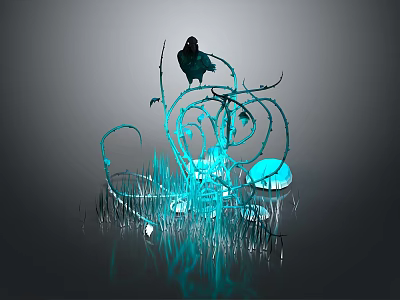Black Crow Perched on Blue Glowing Vine Structure with Luminous Elements and Reflective Ground 3d model