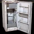Old Rusted Refrigerator With Open Door And Visible Interior Shelves