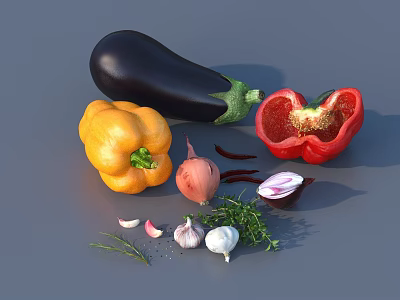 Fresh Vegetables Including Eggplant Bell Peppers Onion Garlic And Herbs On Gray Background 3d model