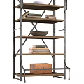 Industrial Bookcase with Metal Frame and Wooden Shelves Stacked Books Decorative Bowls and Storage Box