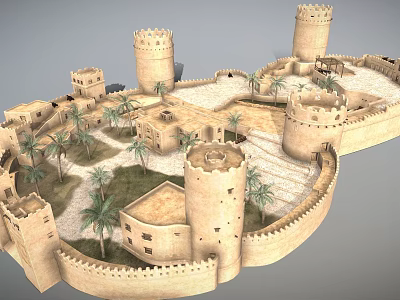 Ancient Architecture Fortress Design With Towers Walled Courtyards And Palm Trees 3d model