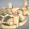 Ancient Architecture Fortress Design With Towers Walled Courtyards And Palm Trees 3d model