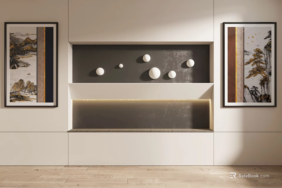 Modern Interior Display With White Walls Gray Shelf Ornaments Paintings And Light Wooden Floor 3d model 