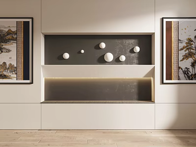 Modern Interior Display With White Walls Gray Shelf Ornaments Paintings And Light Wooden Floor 3d model