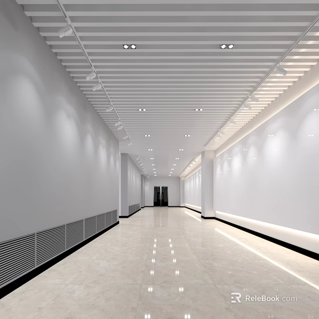 Modern Elevator Hallway Interior Design With White Walls Linear Ceiling Recessed Lights And Sleek Floor 3d model 