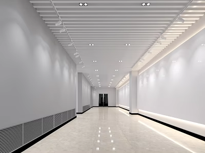 Modern Elevator Hallway Interior Design With White Walls Linear Ceiling Recessed Lights And Sleek Floor 3d model