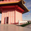 Five Story Traditional Chinese Pagoda Pink And Yellow With White Fence And Blue Sky Background