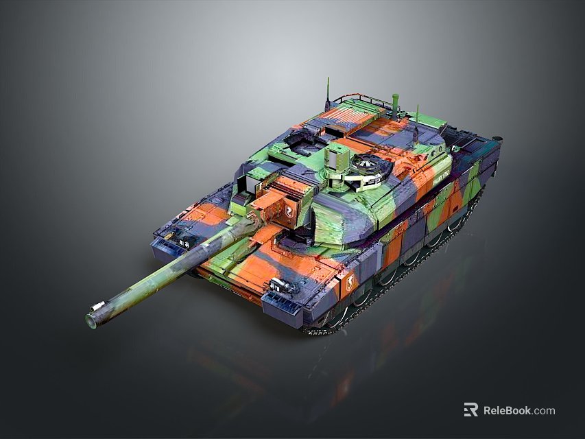 Modern Military Tank With Colorful Camouflage Pattern Turret And Long Cannon Design 3d model 
