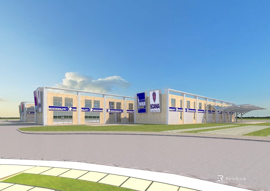 Aerial Planning Of Modern Commercial Building With Facade Windows Parking Area And Green Space 3d model 