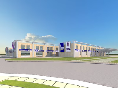 Aerial Planning Of Modern Commercial Building With Facade Windows Parking Area And Green Space 3d model